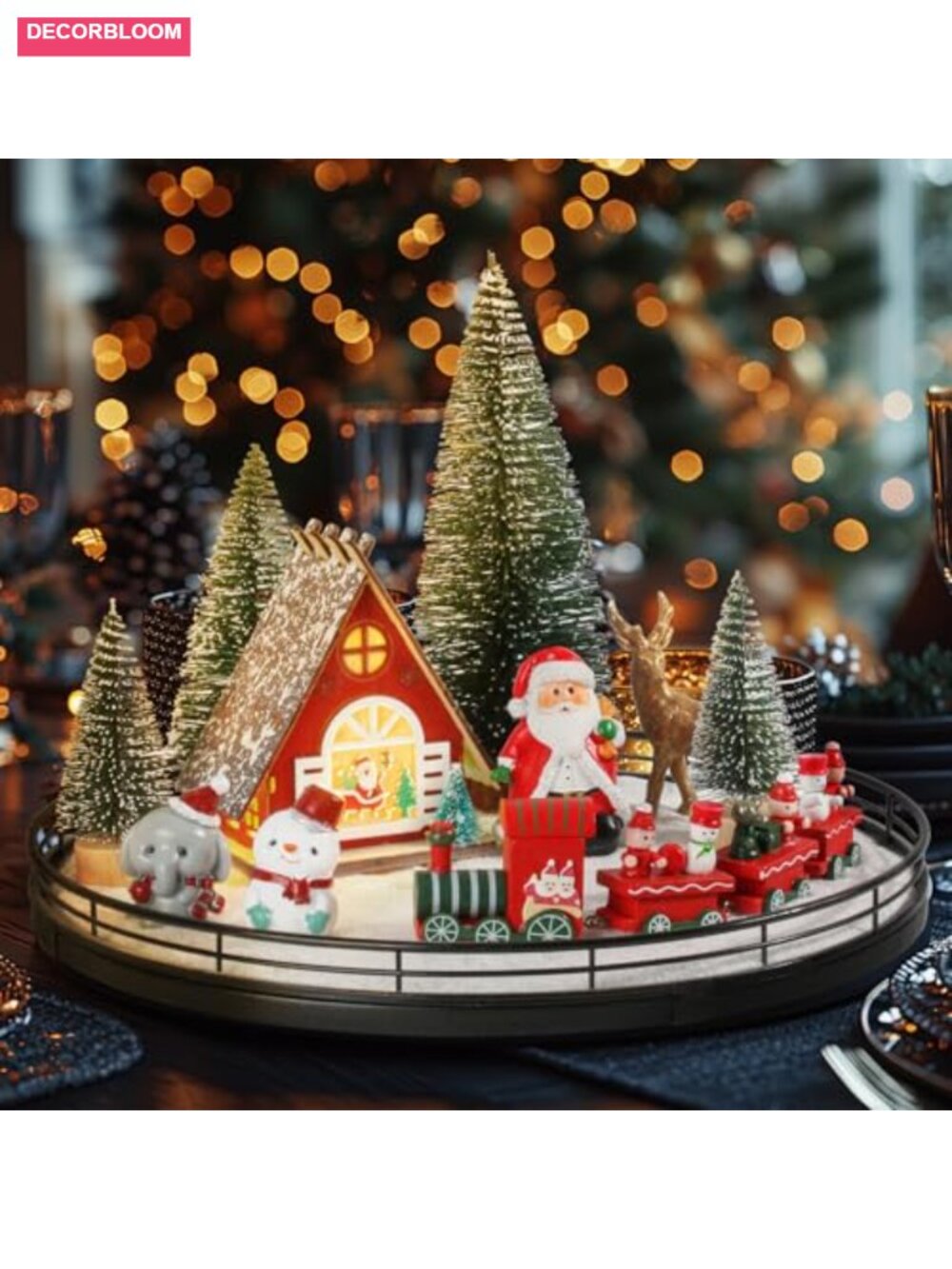 12-Piece Christmas Village Centerpiece Set with 13" Oak Lazy Susan, LED